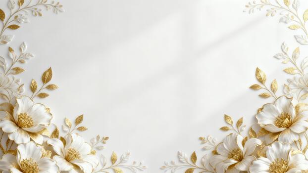 Elegant corner border featuring 3D white bas-relief flowers highlighted with glittering golden petals and foliage on a bright background. photo