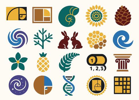 Fibonacci Day Icon Set with Mathematical and Natural Patterns Artwork vector