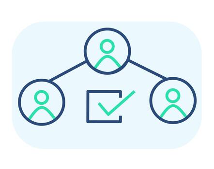 A modern, clean line style illustration representing a people network connected to a checkmark. Illustrates concepts like teamwork, approval, connection, and organizational structure vector