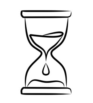 Handdrawn outline illustration of an hourglass with minimal shading, showing a simple black and white sand timer symbol used to represent time management, countdowns, deadlines, and productivity icons vector
