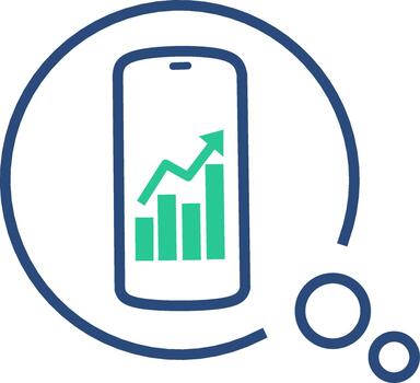 A simple modern line art illustration of a smartphone displaying a rising bar chart with an upward arrow, representing mobile analytics, financial growth, and digital performance tracking. vector