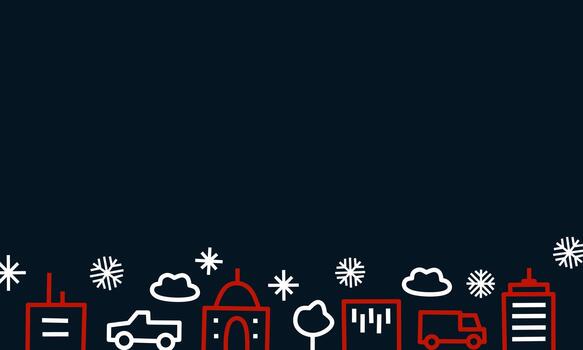 un minimalista invierno paisaje urbano ilustración con vacío espacio a el parte superior para diseño o texto, presentando sencillo rojo y blanco contorno dibujos de edificios, copos de nieve, nubes, camiones, y un árbol vector