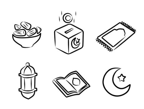 A set of hand drawn style with minimal shading islamic icon element, with date fruits in a bowl, donation box, praying rug, lantern, holy book and crescent moon vector