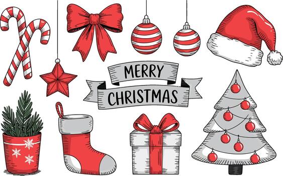 Christmas objects and decorations arranged on white background vector