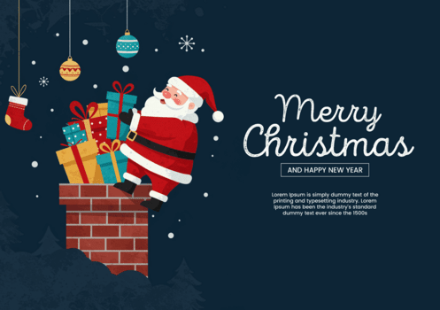 Santa claus Klettern Nieder ein Kamin mit ein Stapel von die Geschenke auf ein dunkel Nacht, fröhlich Weihnachten und glücklich Neu Jahr psd