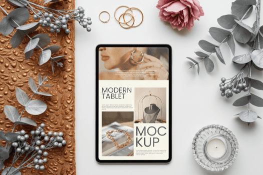 gastos generales ver de moderno tableta Bosquejo con plata y oro accesorios en blanco antecedentes para marca contenido promoción joyería negocio y diseño monitor con suave Encendiendo psd