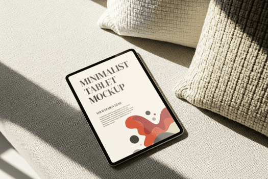 superiore Visualizza di nero incorniciato tavoletta modello con astratto design su beige strutturato superficie vicino neutro tonica cuscini nel morbido leggero con ombra psd