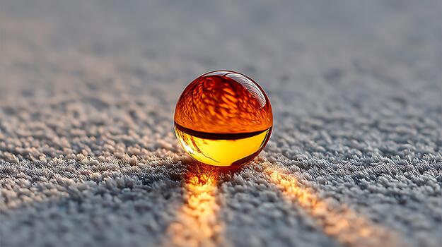 Macro shot of a shiny glass orb resting on a soft textured surface with warm light creating highlights. photo