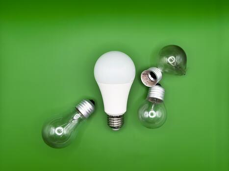 Modern LED lamp, saving electricity. Tungsten light bulb lamp. Non-working light bulb, broken light bulb. Concept of light and dark, idea, electricity copy space, flay lay, green background photo