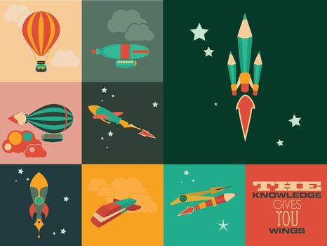 A set of different types of rockets and space ships vector