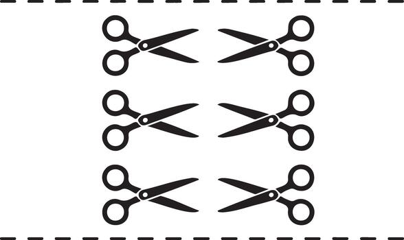 Multiple pairs of scissors on a dashed line background vector
