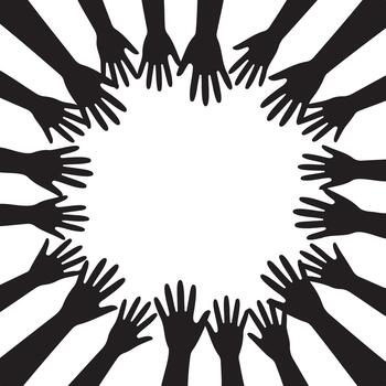 Diverse hands reaching together in a circle of unity vector