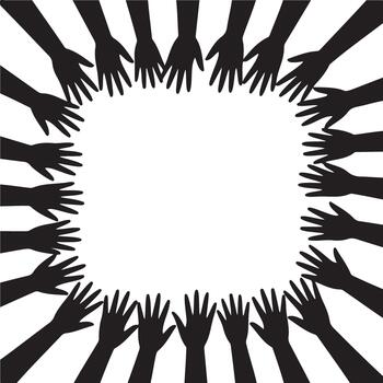 Many silhouetted hands reaching inward towards empty square space vector