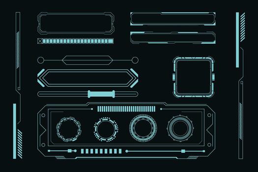 Futuristic HUD frame interface set with sci-fi digital elements for tech dashboards and UI layouts. vector