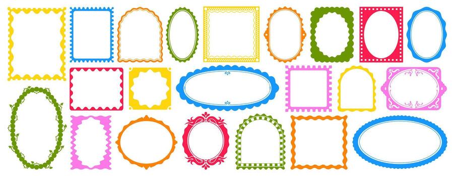 Geometric wavy frame set. Colorful retro shapes with minimal outline for posters, party invitations, scrapbook, and creative decoration collection vector