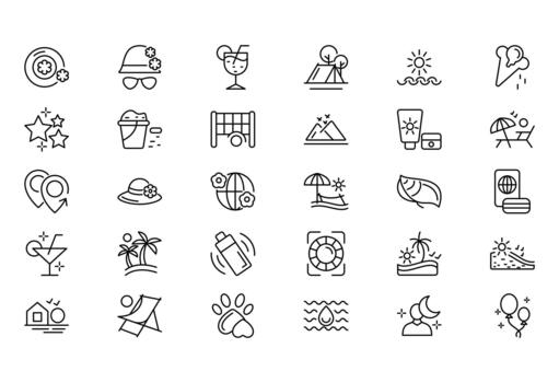 Beach line icon set. UI thin line icon pack. vector