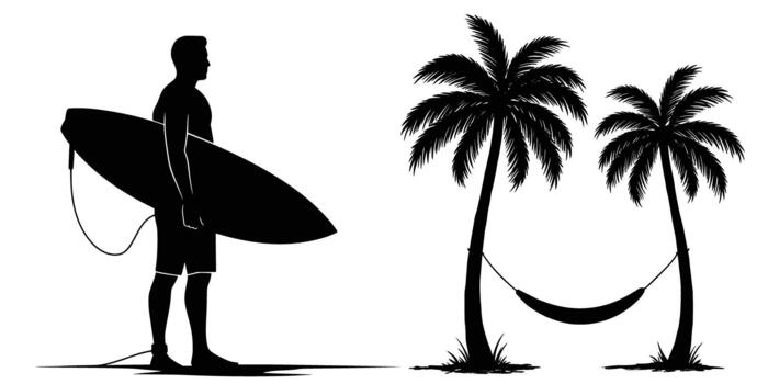 silueta de un tablista con un tabla de surf y dos tropical palma arboles con un hamaca, representando un sereno verano playa vacaciones y relajación, aislado en vector