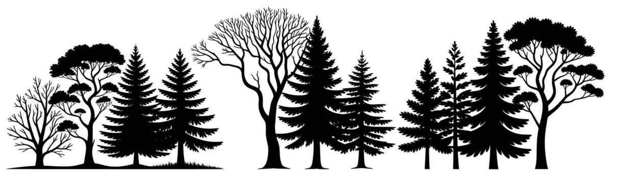 diverso colección de árbol siluetas, presentando un mezcla de hojas perennes coníferas y caduco árboles, exhibiendo varios formas y tamaños, Perfecto para naturaleza diseños vector