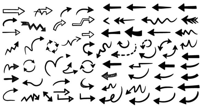 A diverse set of handdrawn arrows, showcasing various styles and directions like straight, curved, zigzag, and circular designs, ideal for indicating movement, flow, or emphasis vector