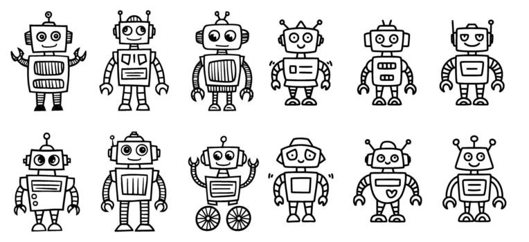 Cute robot doodles for kids projects, adding a fun, playful touch to your design with these charming and quirky robots, perfect for children's books and educational materials vector