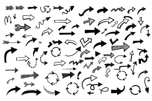 A diverse collection of handdrawn arrows, featuring various styles, directions, and designs, ideal for indicating movement, emphasis, or navigation in creative projects vector
