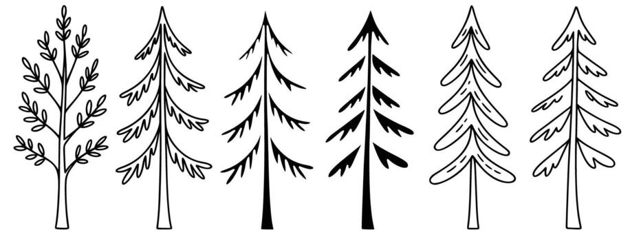 A collection of handdrawn tree outlines, featuring various styles from leafy deciduous to classic coniferous pines, presented as simple, artistic sketches vector