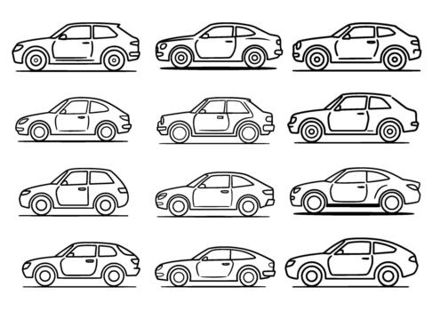 Line art cars perfect for automotive design projects, showcasing a diverse range of vehicle styles in a simple, modern aesthetic ideal for websites and branding vector