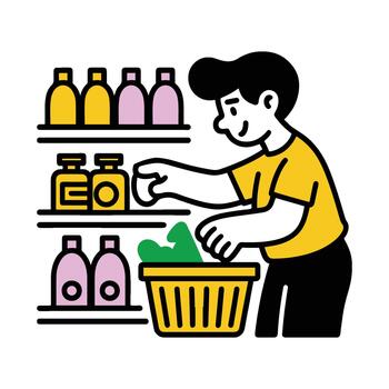 un hombre es en pie en frente de un estante con botellas y otro artículos vector