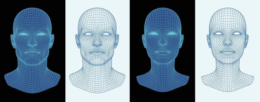 Set of 3D wireframe human heads. Male and female cybernetic faces for Artificial Intelligence, biometrics, and facial recognition concepts. Blue digital mesh isolated on black and white backgrounds vector