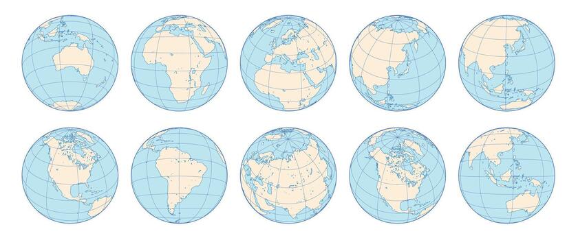 Set of Earth globes with grid lines. World map icons showing different continents and angles. Flat line art planet illustrations for global geography, travel, and international business vector
