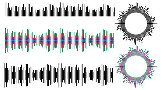 Minimal Audio Waveform Visualizer Set with Circular Sound Spectrum and Equalizer Bar Elements vector