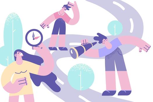 Animated characters exploring a winding road vector