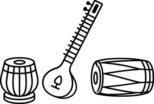 indio musical instrumentos tablas, sitar, y dholak línea Arte vector