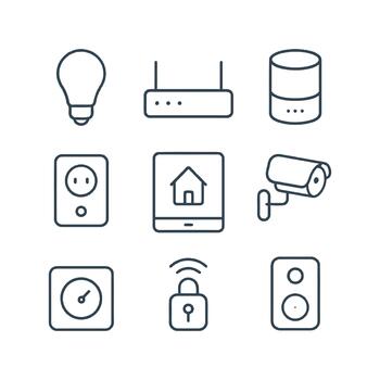 Minimalist line icons of smart home technology, featuring IoT devices for automation, security, and connectivity in modern living spaces vector