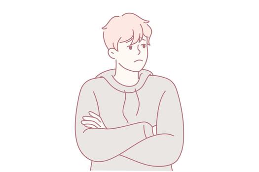 Frowning man poised, Person standing with arms crossed and skeptical expression indicating doubt or suspicion vector