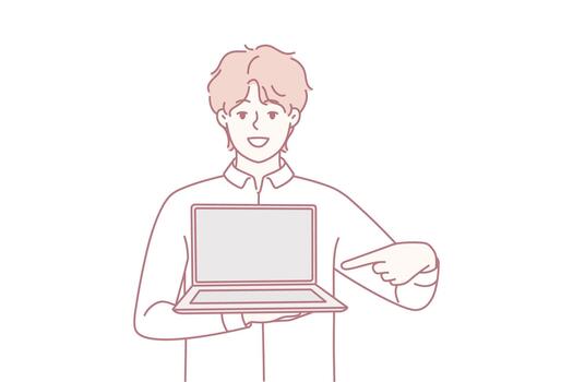 Business professional actively displaying application interface in modern workspace setting vector