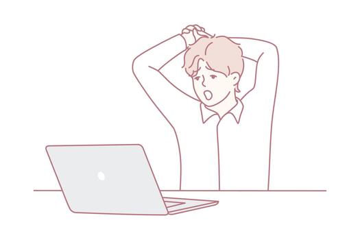 Man struggles with urgent tasks, Home office scene with stressed individual facing urgent notifications vector