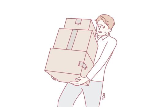 courier carefully transporting multiple cardboard layers through lively passageway environment vector
