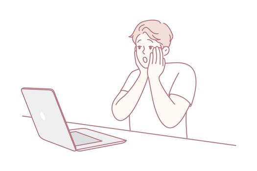 sorpresa tecnología percance, alguien muestra alarma sobre descubriendo urgente y inesperado problema en pantalla vector