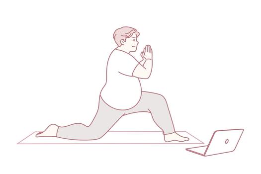 person performing hip stretch on mat, remote worker executing guided lunge and mobility exercises vector