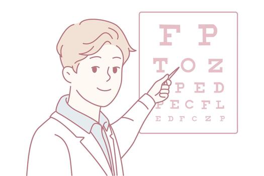 Optometrist guides vision assessment, Visual health professional instructs patient using eye testing chart vector