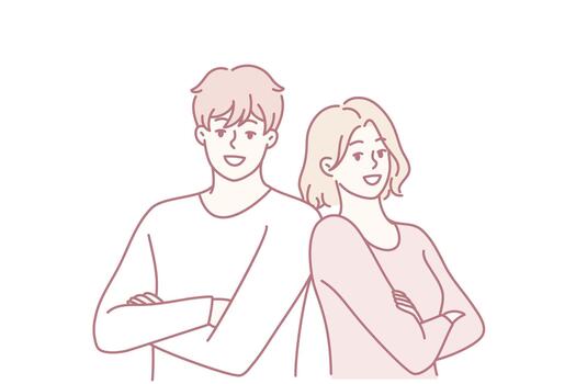 two partners standing back-to-back showing teamwork and mutual confidence in casual pose, upbeat expressions, contemporary line illustration conveying trust and startup energy vector