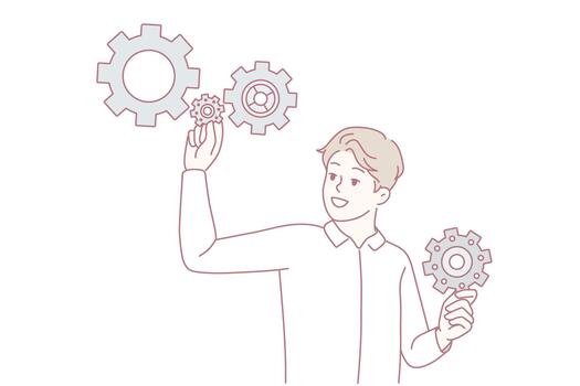 Man with gears look for answer vector