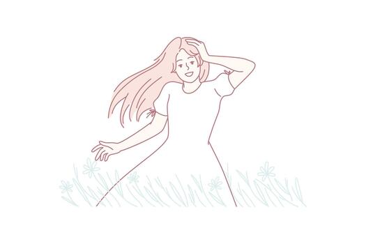 joyful summer scene, elegant woman in flowing attire casting shade from sun in expansive grassy field vector