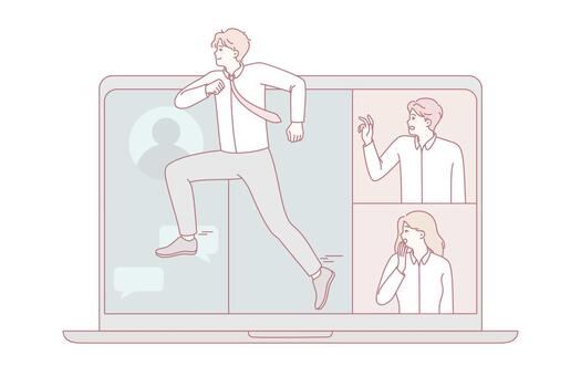 Man running away from remote meeting vector