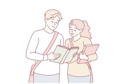 students actively discussing and referencing learning resources together, learners collaborating closely using digital tablets and printed textbooks for comprehensive understanding vector