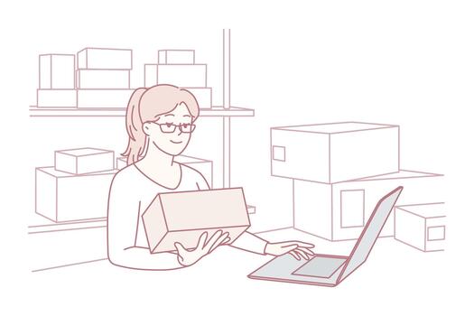 Small enterprise efficiently preparing shipments with organized workspace and inventory control techniques vector