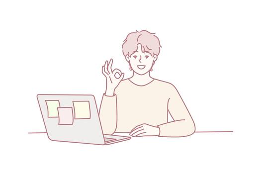 Confident virtual presenter, Focused individual delivering virtual presentation with positive demeanor vector