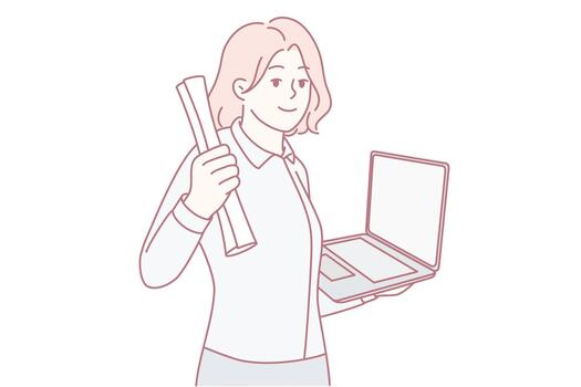 Freelancer displays branding samples confidently, Casual studio setting with professional mockup showcase vector