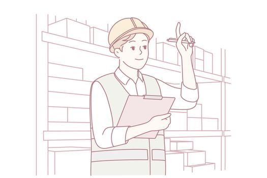 hombre ingeniero trabajo a almacén vector
